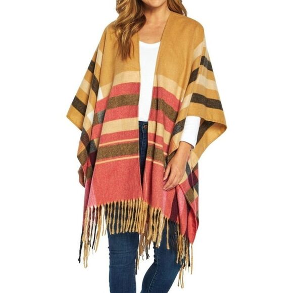 Woolrich Soft Justine Cozy Blanket Wrap One Size Tan/Red Poncho Shawl Cape - Picture 1 of 8